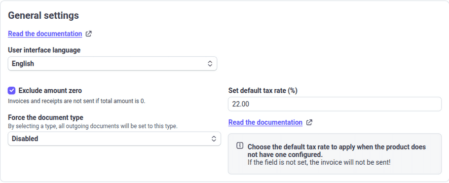 A-Cube e-invoicing Stripe App general settings